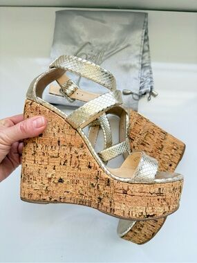Giuseppe Zanotti Metallic Gold Snakeskin Embossed Cork Platform Wedge Sandals